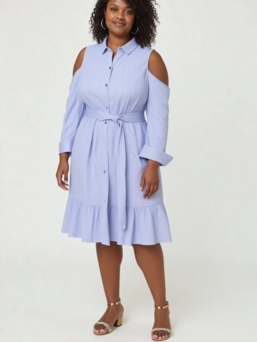 NWT Worthington Stripe cold shoulder stretchy cotton belted shirtdress 12